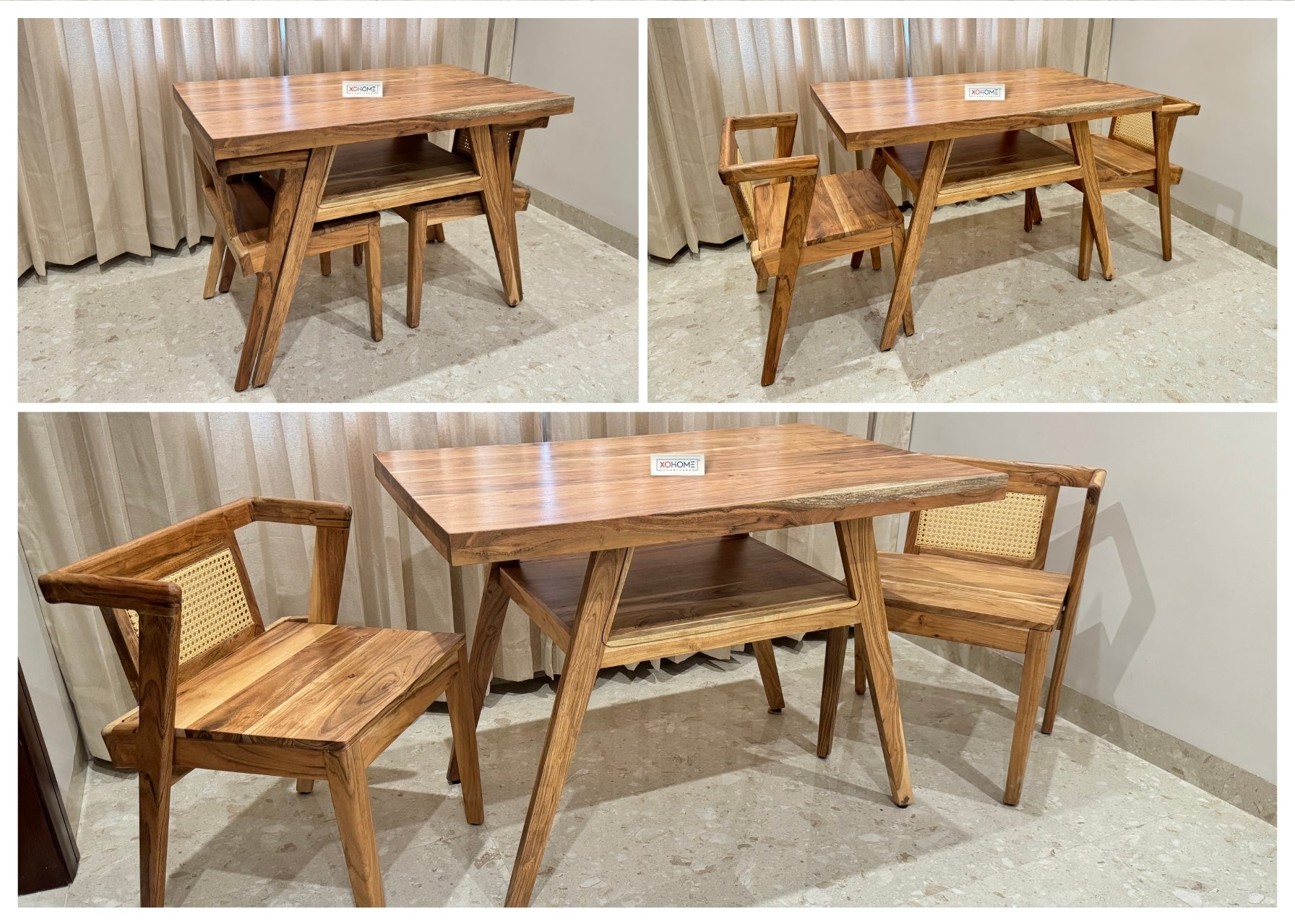 Milan 2 seater Dining Set by XOHOME – Compact solid wood dining set with space-saving design. Features rattan-accented chairs that slide completely under the table, perfect for small spaces and modern interiors.