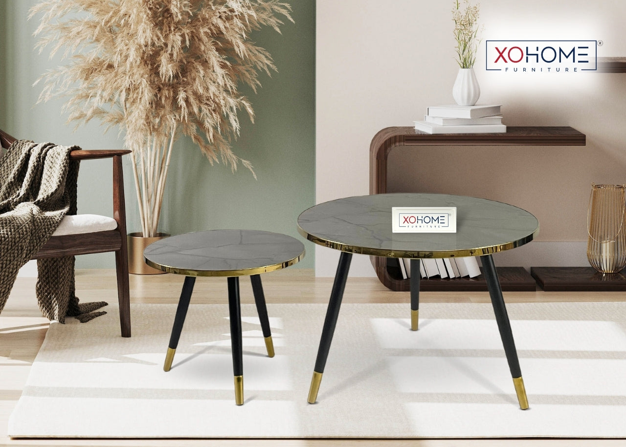 XOHOME Zara Set of 2 coffee tables. It consists of a glass top finished in marble touch. Top is Grey in color.