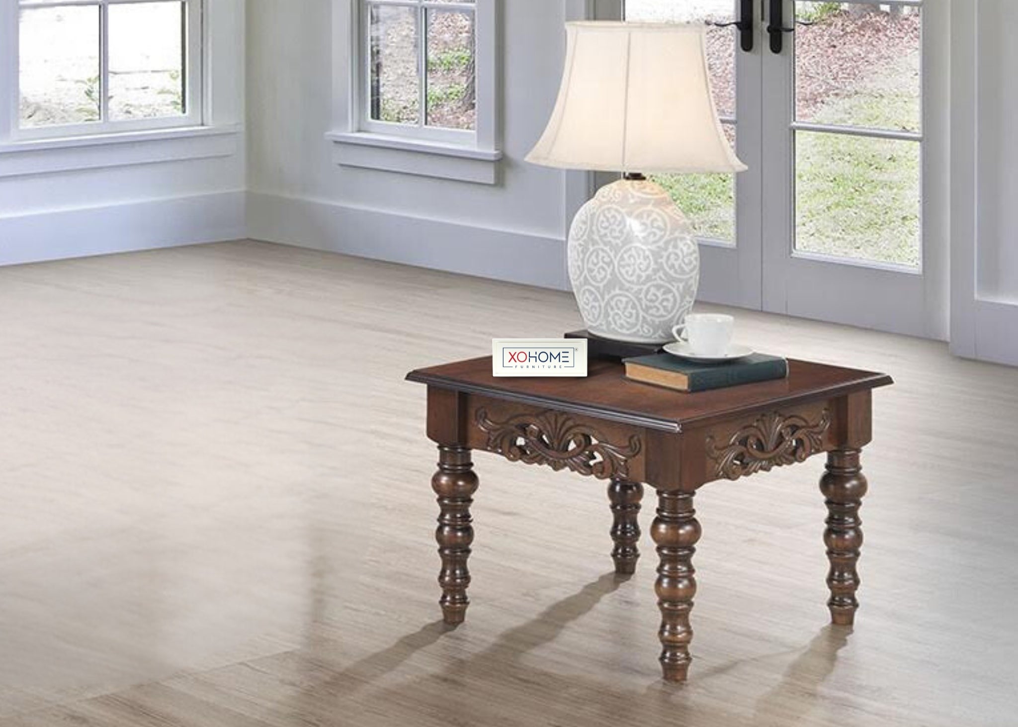 Alex Solidwood End Table by XOHOME, featuring a sqaure, smooth, flat top and sturdy legs, with a natural wood finish. Antique carving on legs and body.