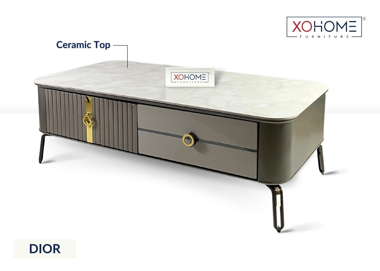 XOHOME Dior Marble top Coffee table with storage drawers on both sides.