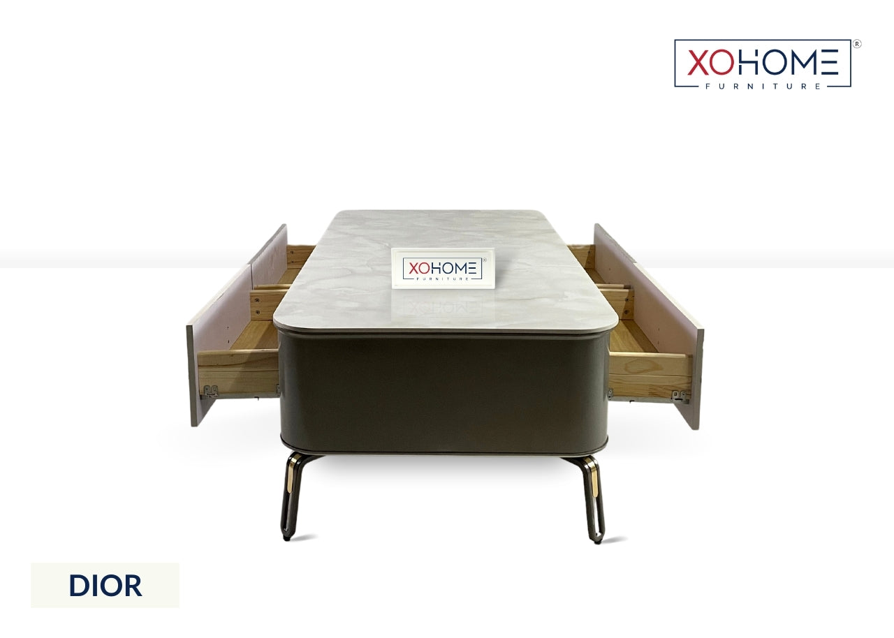 XOHOME Dior Marble top Coffee table with storage drawers on both sides.
