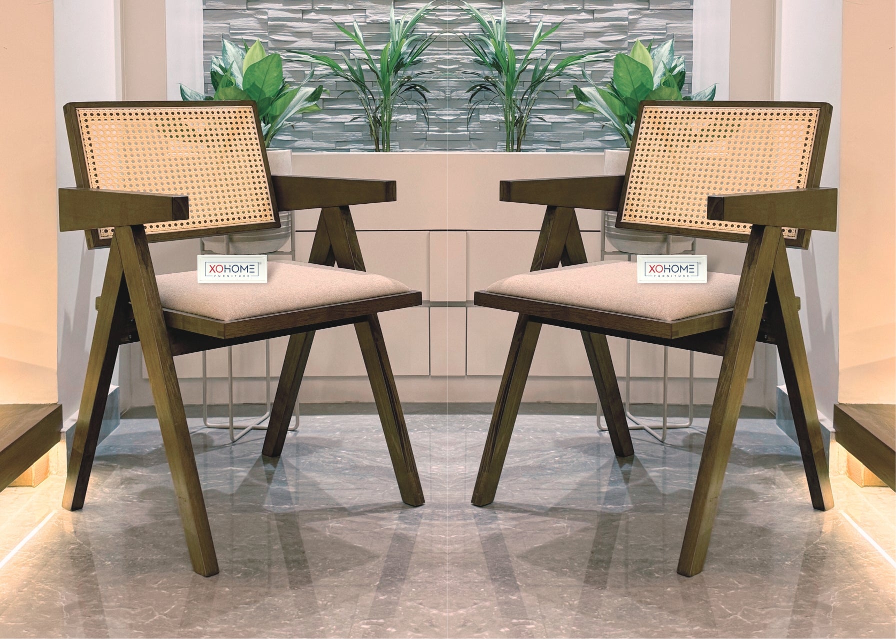 Forest chair by XOHOME. Color is Walnut color. Rattan back rest.