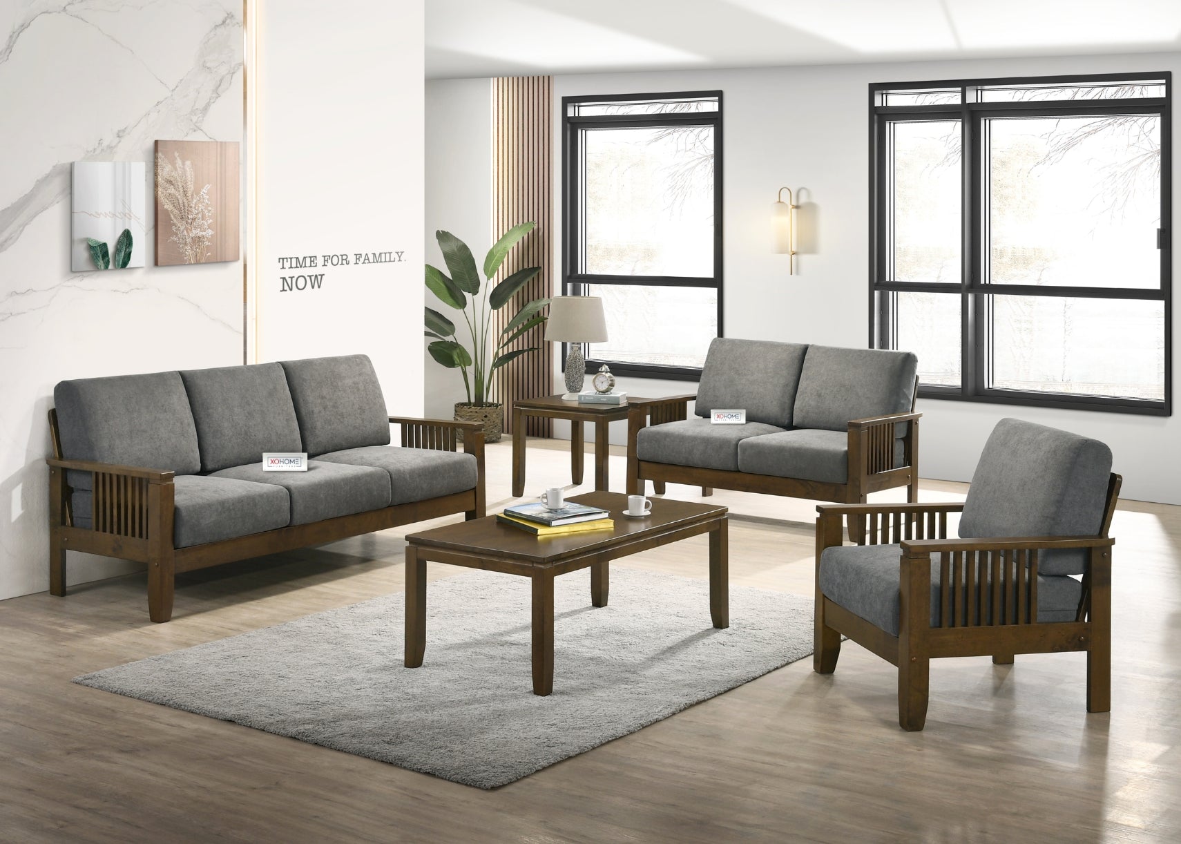 Maria sofa made from pure solid wood in a rich Silver Grey color, featuring a fully knockdown design for easy assembly. A premium furniture piece from XOHOME.