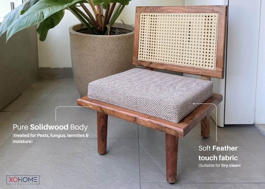 BHUMI pure solidwood low seating chair with premium rattan backrest and soft dry-cleanable cushion, handcrafted wooden floor chair ideal for living room, mandir seating and cozy lounge corners