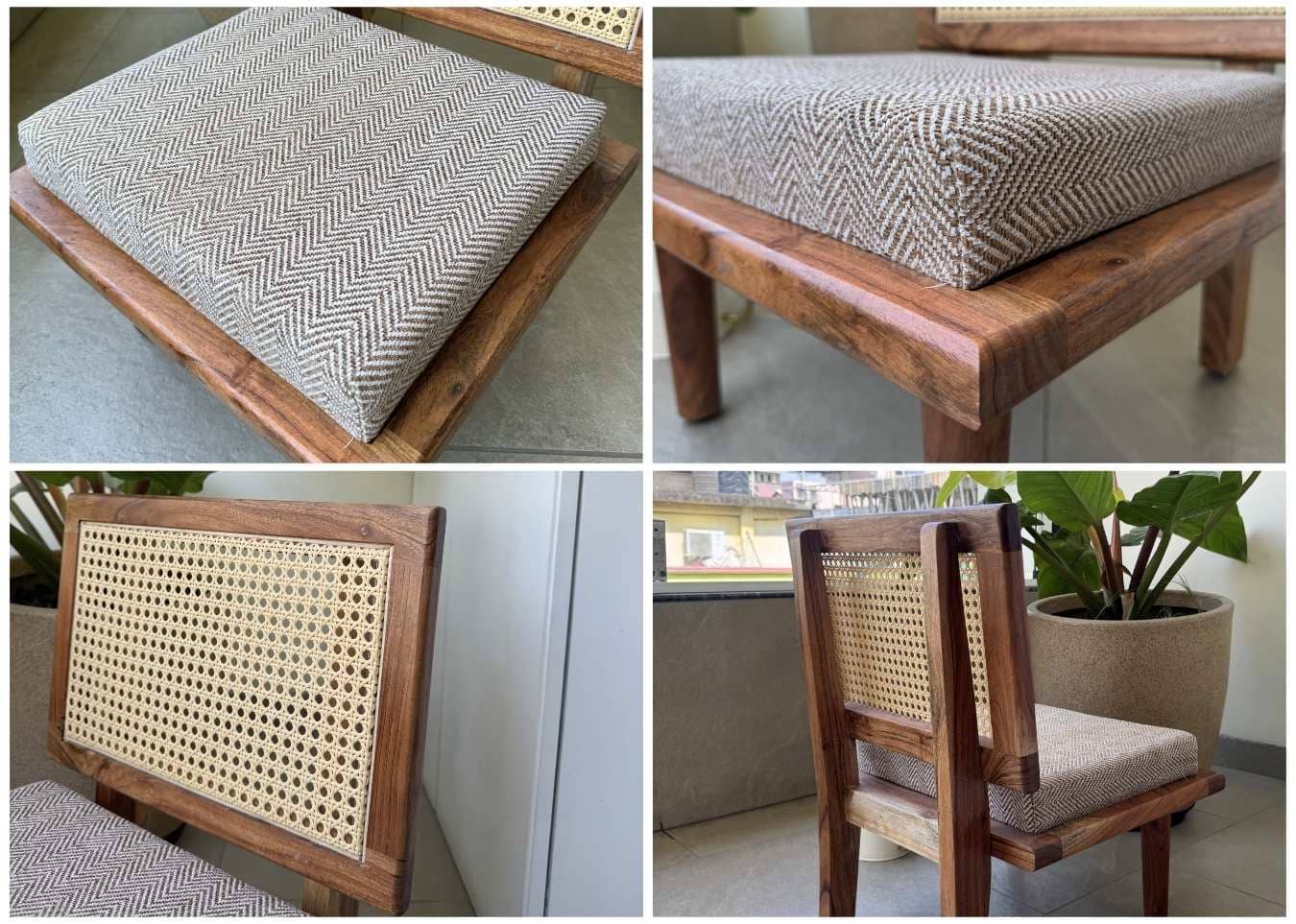 BHUMI pure solidwood low seating chair multiple angle views showing premium rattan backrest, soft cushion fabric, wooden frame details and handcrafted finish for luxury floor seating