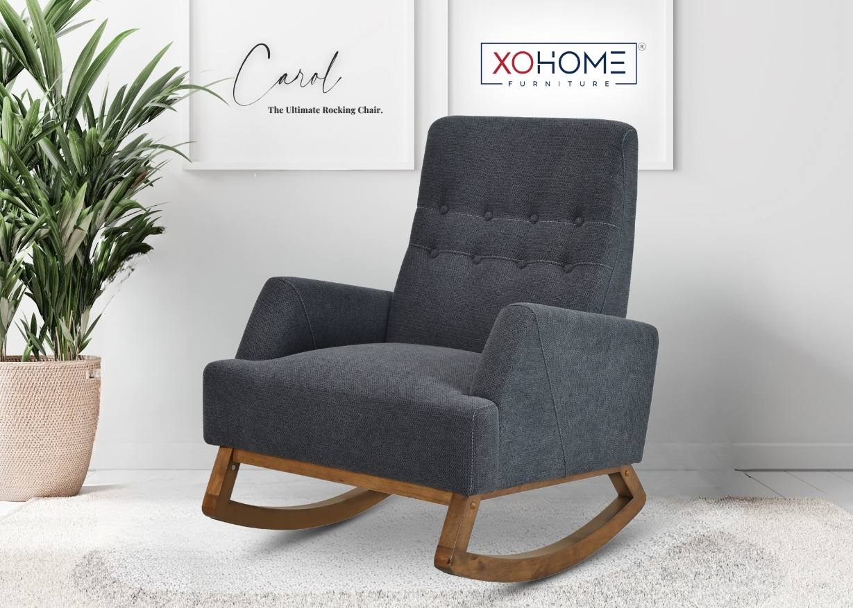 Carol Rocking Chair in charcoal finish, placed isometrically in a real living space highlighting its modern aesthetic