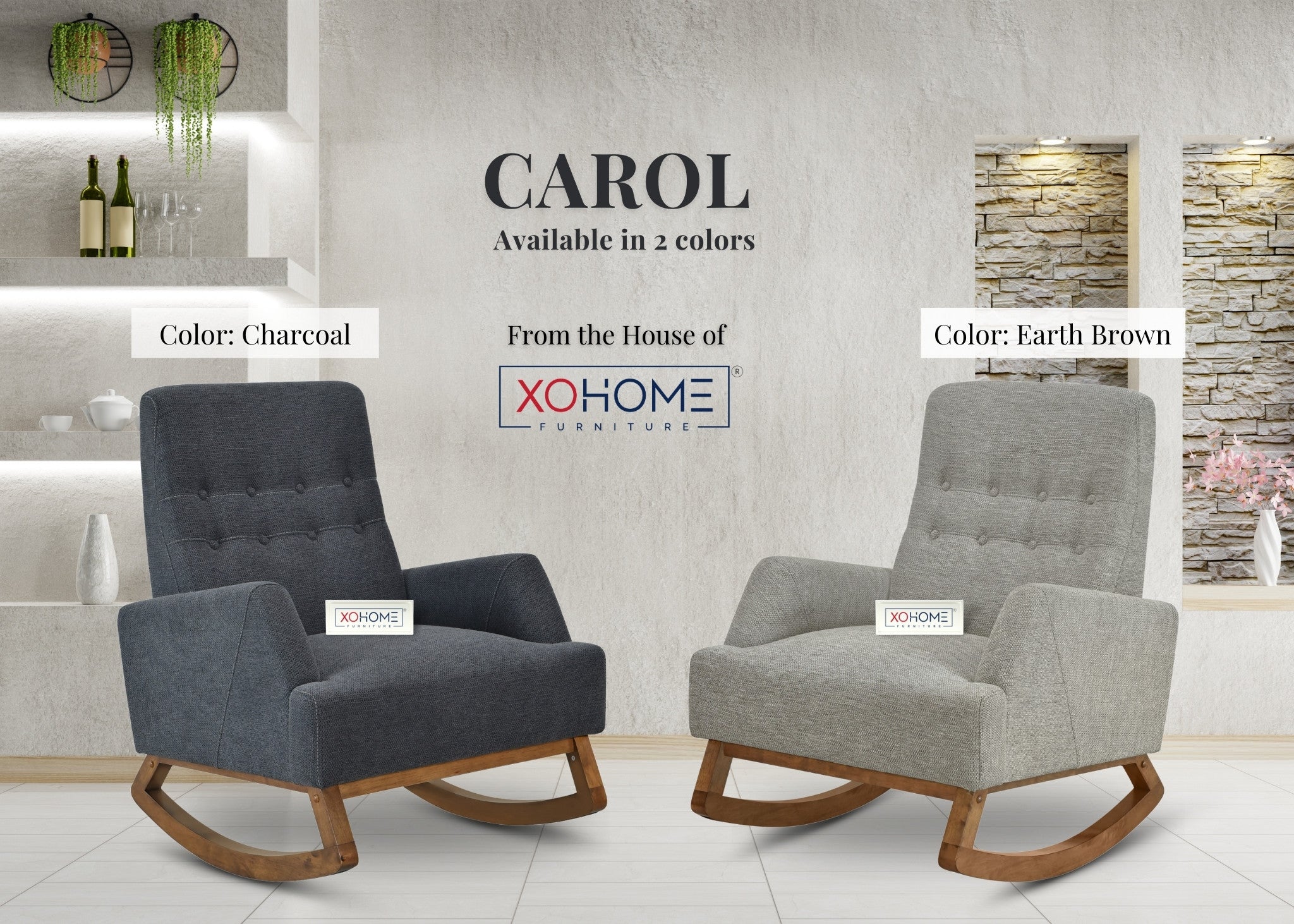 Carol Rocking Chairs in charcoal and earth brown, placed isometrically in a cozy living room to showcase both colour options.