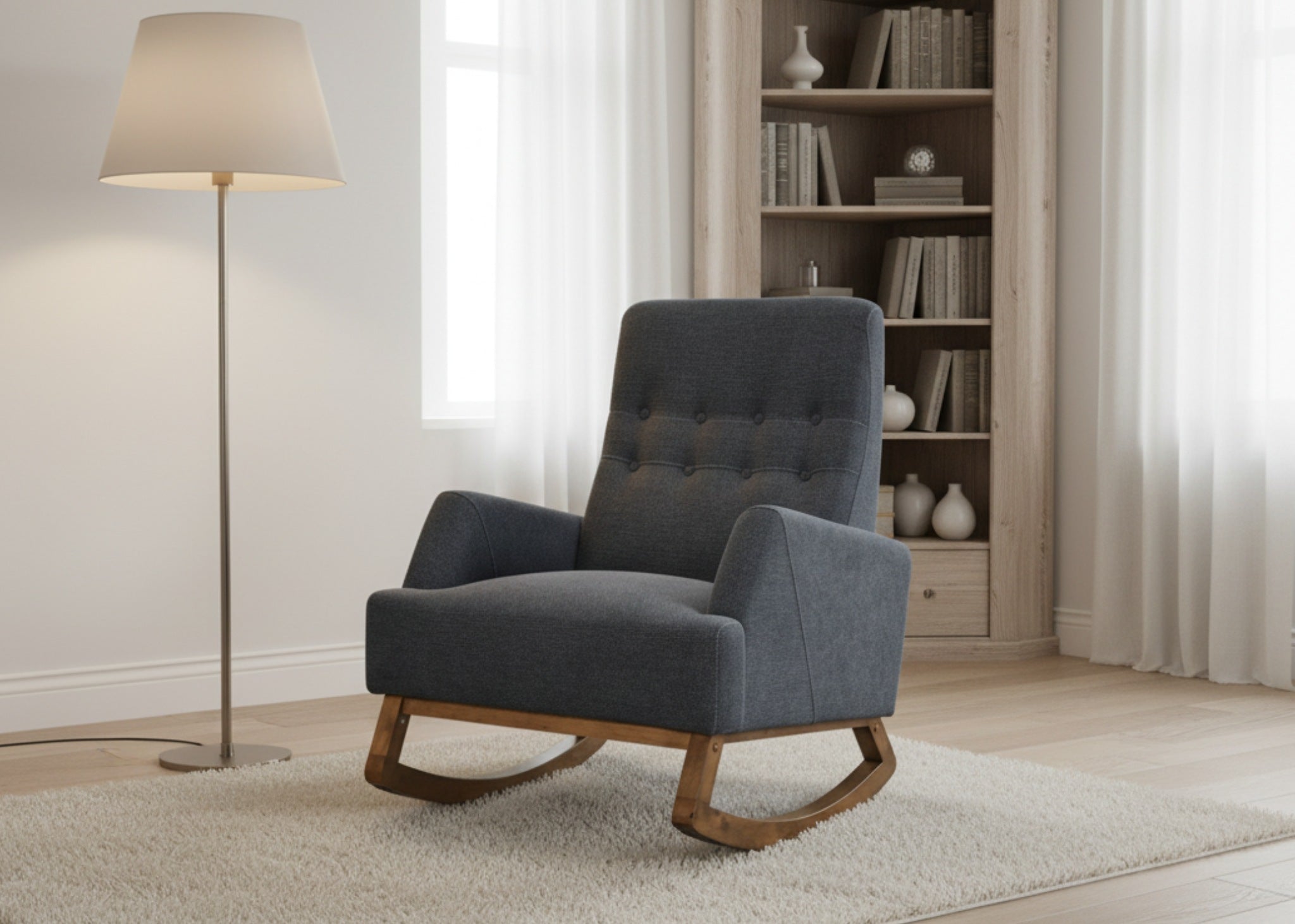 Xohome carol rocking chair in Pure Solidwood base in charcoal color placed in a posh living room perfect for lounging