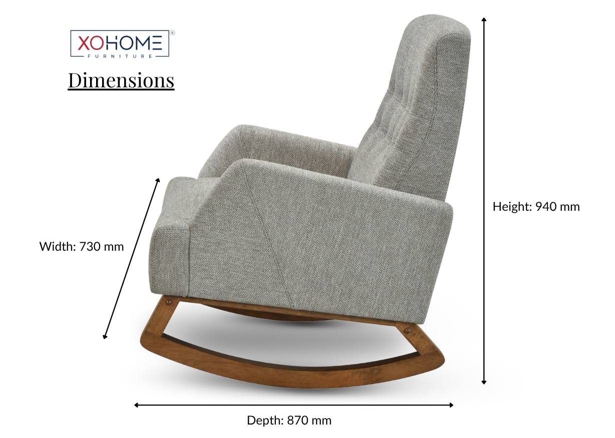 Carol Rocking Chair in earth brown finish placed sideways to display its proportions and elegant solidwood structure.