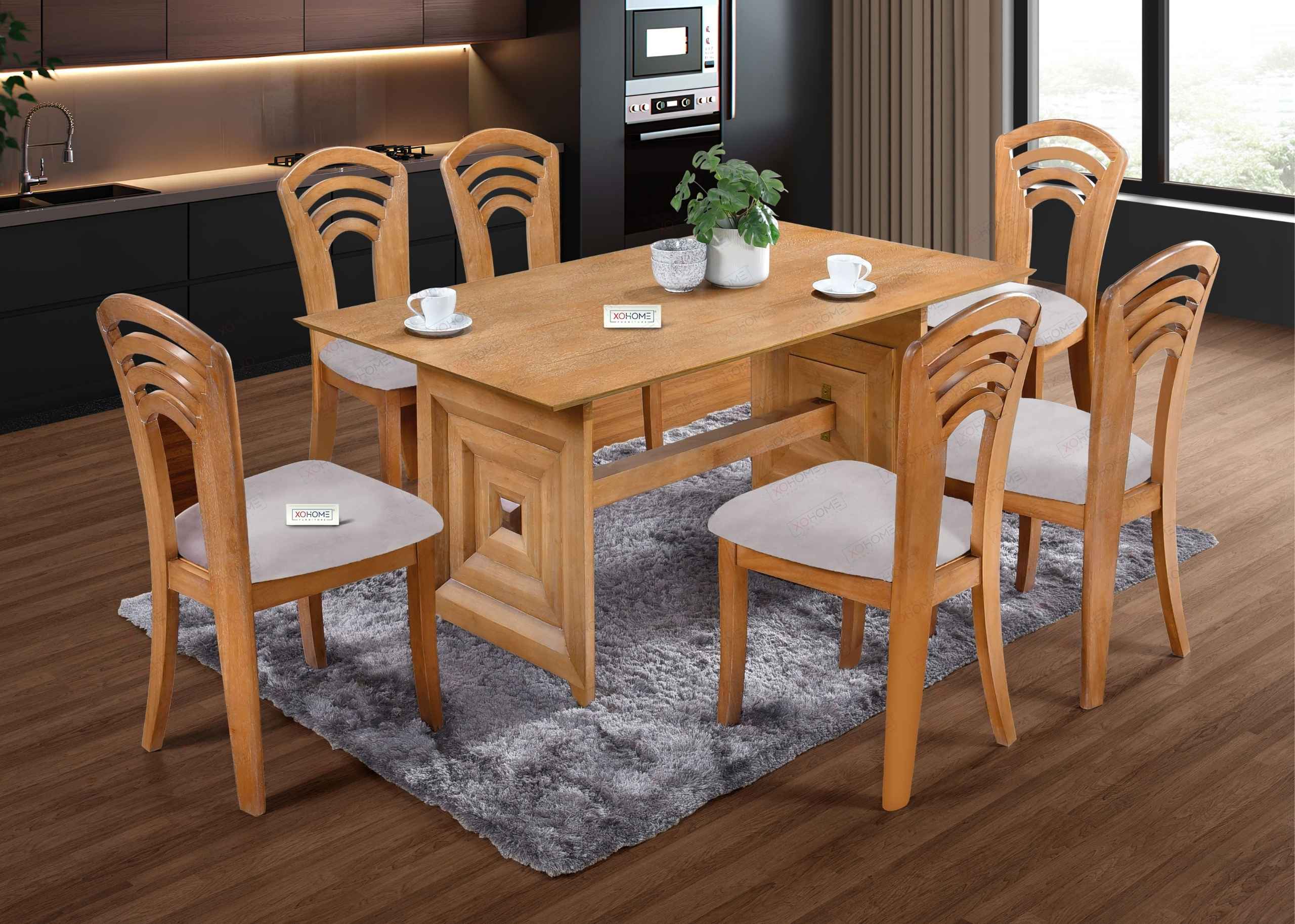 XOHOME Mugdha 6-Seater Pure Solidwood Dining Set featuring a clean rectangular tabletop, arched 3-slat backrest chairs with cushioned seating, and a bold solid base – ideal for elegant dining interiors.