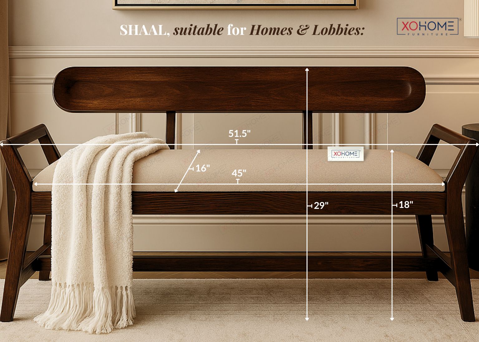 Wooden bench with measurements and XoHome branding in a home setting