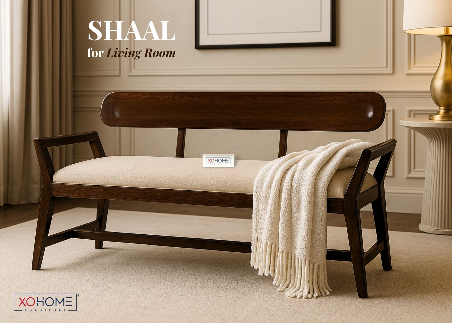 Wooden bench with beige cushion and white blanket in a living room setting, featuring XOHOME branding.