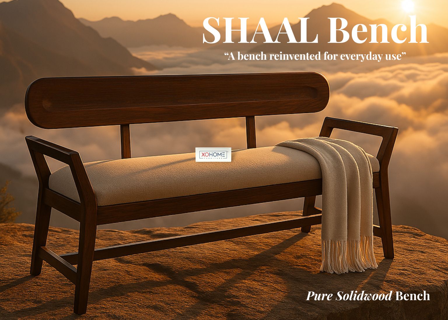 Wooden bench with cushion and blanket against a mountainous landscape, featuring the brand 'SHAAL Bench'.
