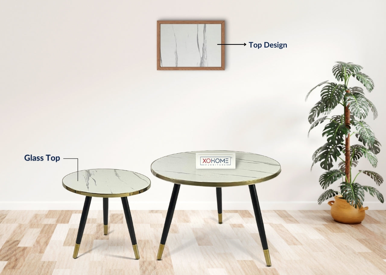 XOHOME Zara Set of 2 coffee tables. It consists of a glass top finished in marble touch. Top is white in color.