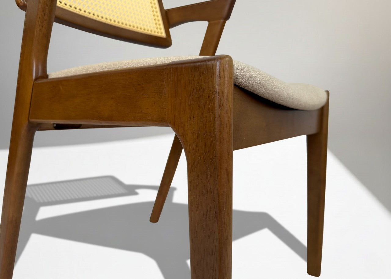 Bottom view of XOHOME Sadam Rattan Chair showing seat cushion & its wooden frame design.