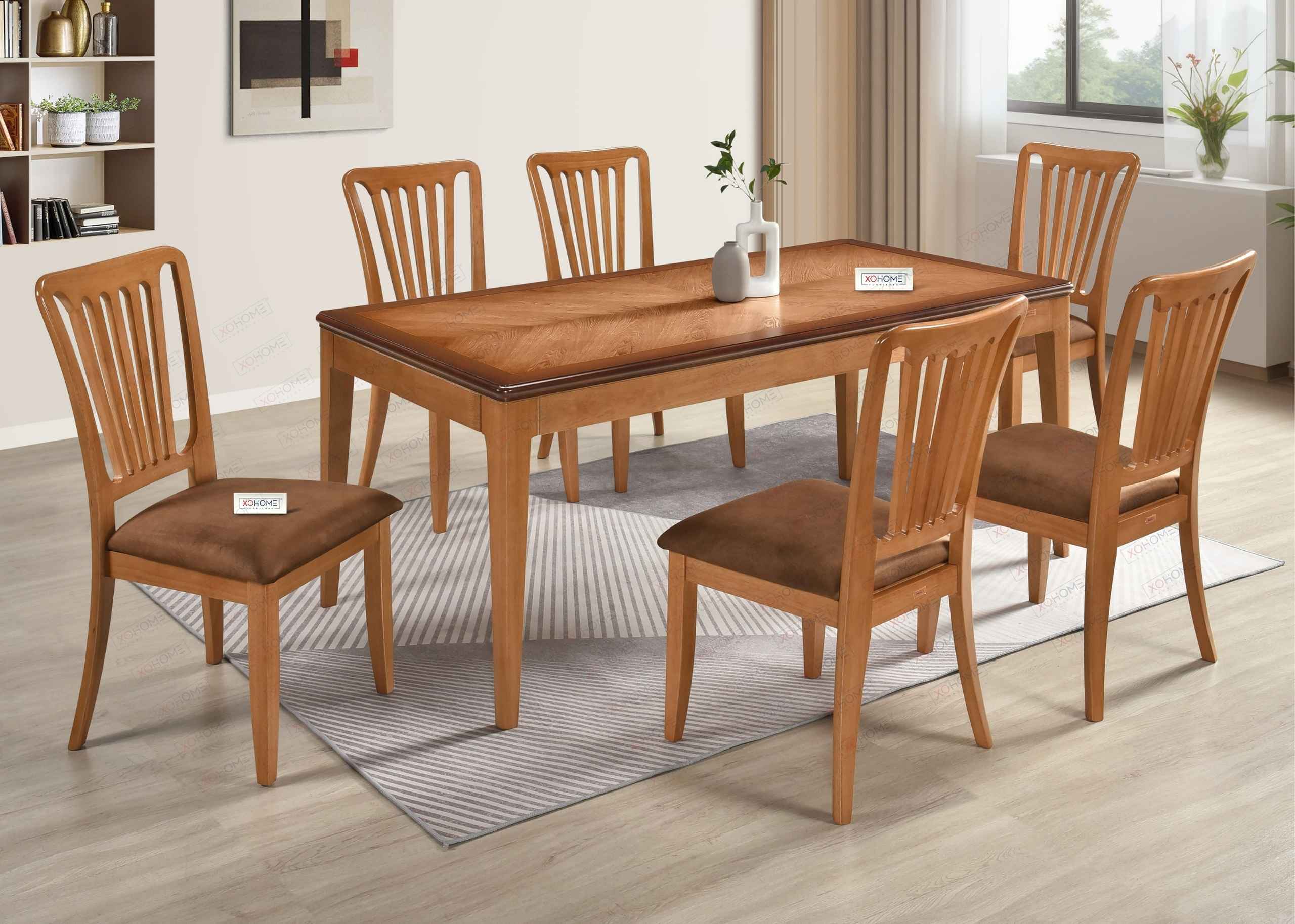 XOHOME Axis 6-Seater Pure Solidwood Dining Set with a bi-color patterned tabletop and comfortable cushioned chairs – a premium and uniquely styled dining centerpiece.