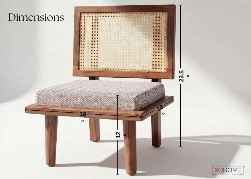 BHUMI low seating chair dimensions in pure solidwood with rattan backrest, handcrafted wooden floor chair size guide for mandir chair, balcony seating, reading corner and compact living spaces