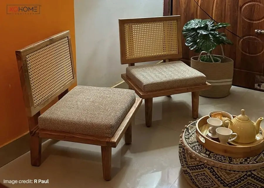Pair of BHUMI pure solidwood low seating chairs with natural rattan backrest, perfect couple seating setup for living room, mandir corner, tea seating, balcony and cozy floor lounge spaces