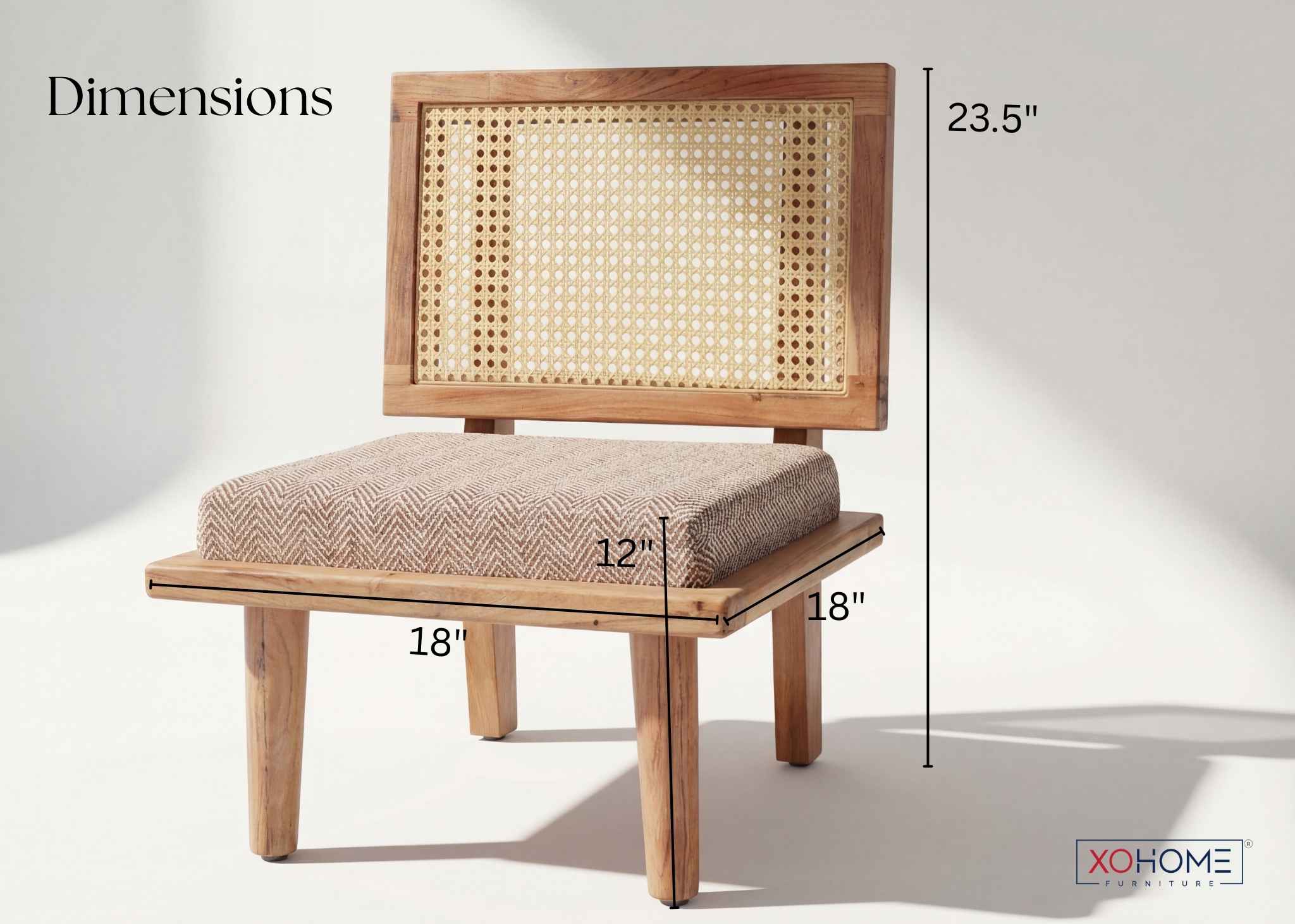 XOHOME BHUMI floor chair dimensions—18” x 18” seat, 12” seat height, and 23.5” overall height shown on product photo for accurate sizing.