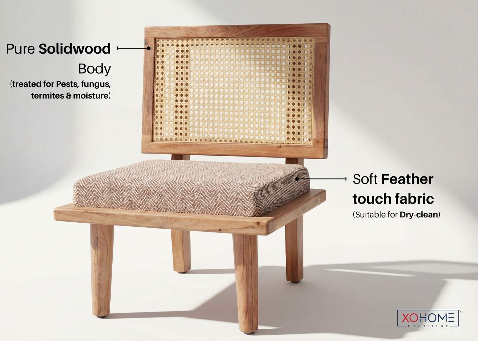 XOHOME BHUMI floor chair material detail—pure solidwood body, premium PVC rattan cane back, and soft feather-touch fabric seat.