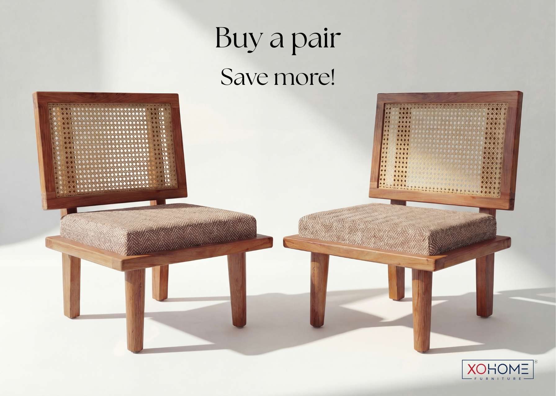 XOHOME BHUMI floor chair couple set—two matching solidwood low seating cane-back lounge chairs on a clean home studio background, perfect as a pair for cozy low-seating.