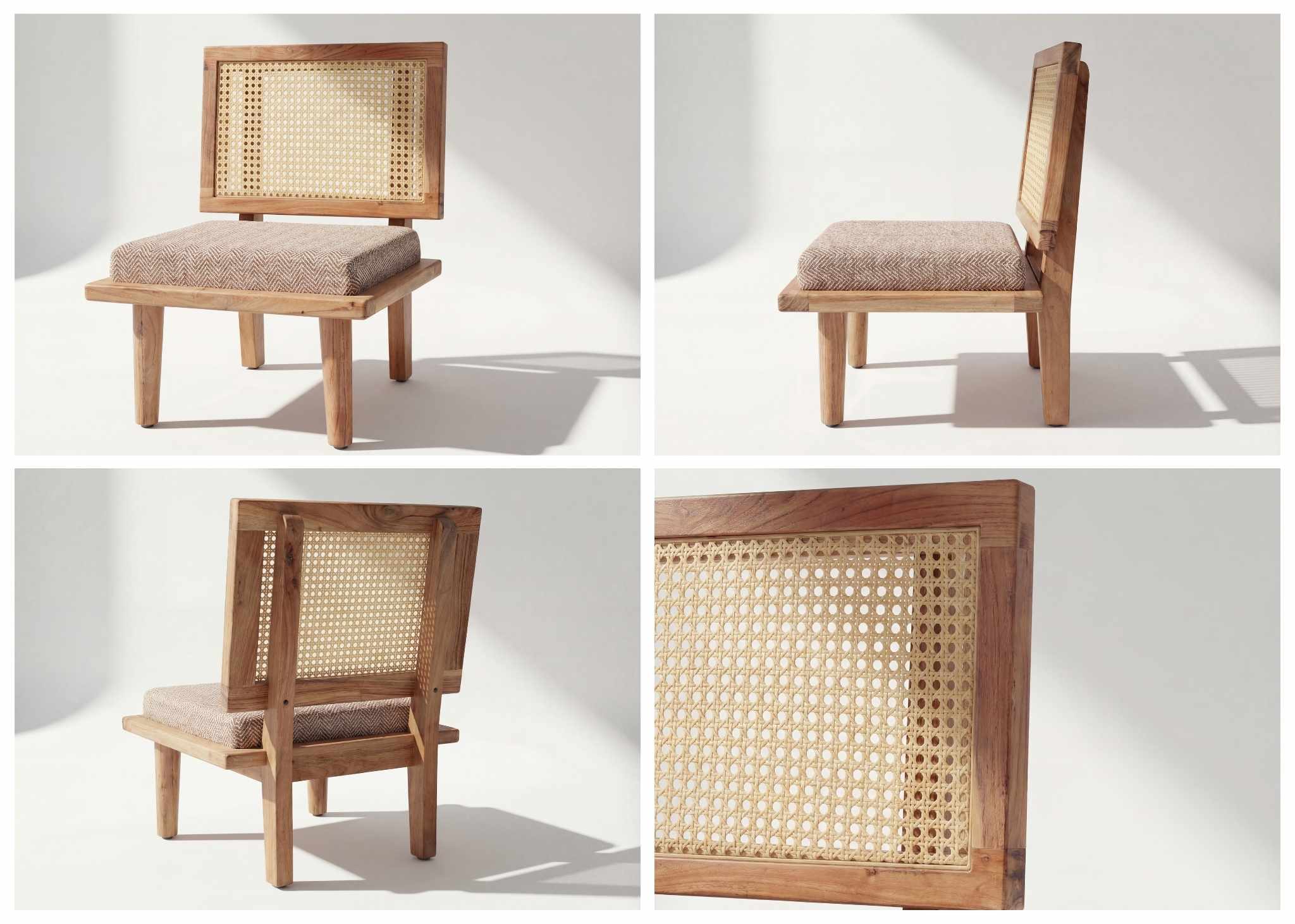 XOHOME BHUMI floor chair gallery—front, side, back and cane close-up views showcasing solidwood frame, rattan backrest, and premium cushion fabric.
