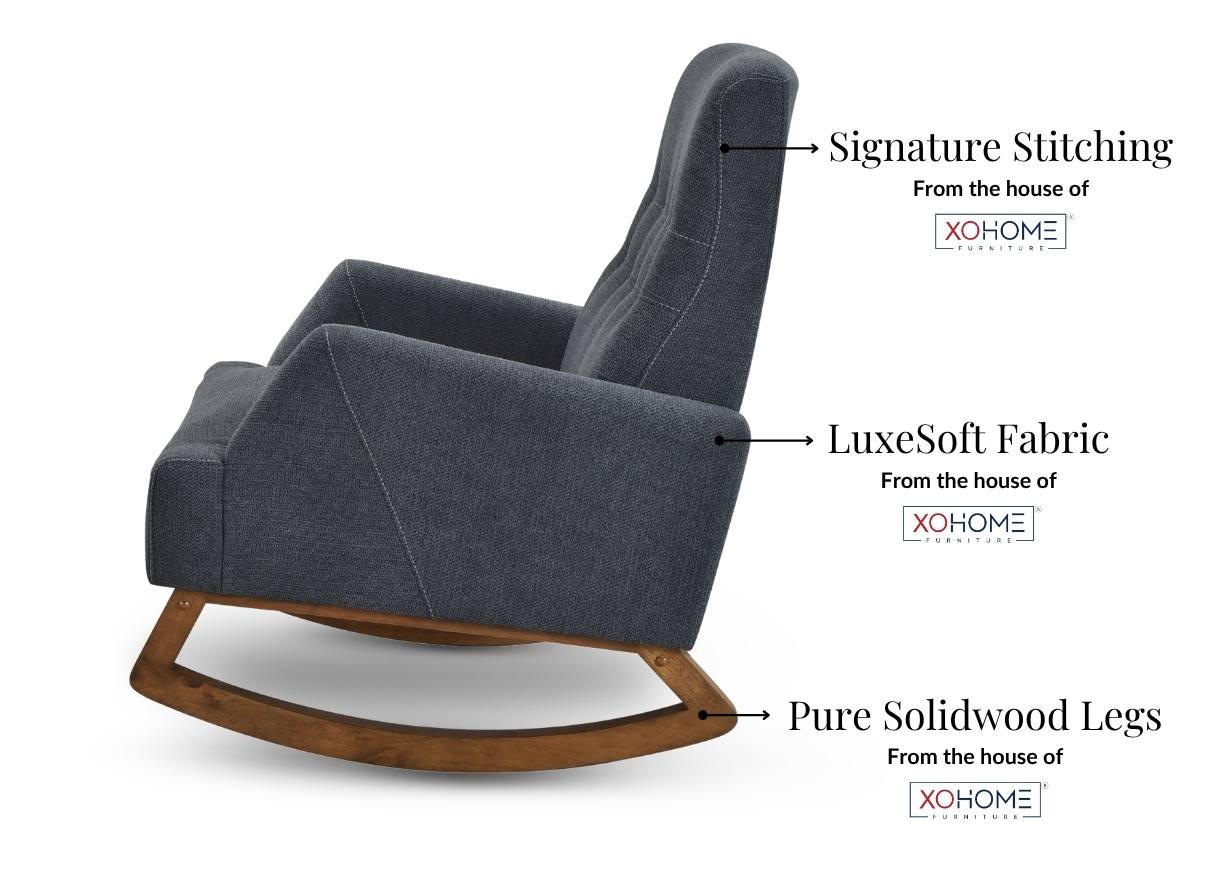 Side view of Carol Rocking Chair in charcoal finish, crafted in pure solidwood & premium fabric with posh stitching along the body.