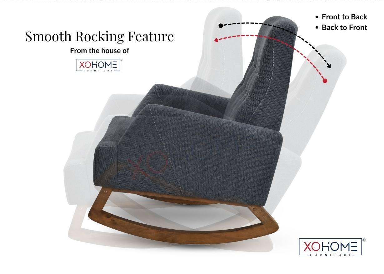 Carol Rocking Chair in charcoal finish displayed sideways, showing its smooth rocking motion on pure solidwood base.