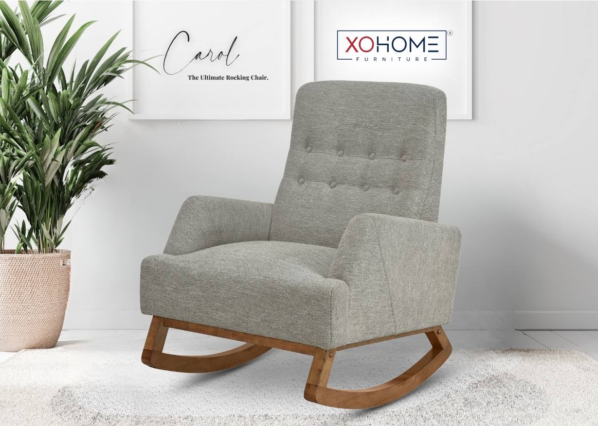 Carol Rocking Chair in earth brown finish, placed isometrically in a real living space highlighting its modern aesthetic