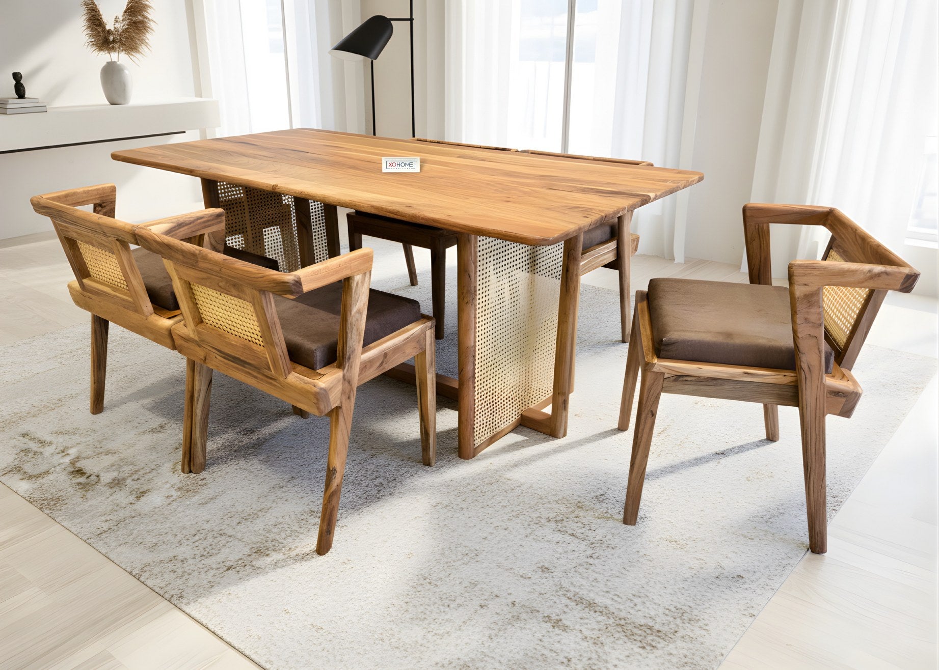 XOHOME INDRA 6 SEATER RATTAN DINING SET PURE SOLIDWOOD PLACED IN A MODERN LIVING ROOM