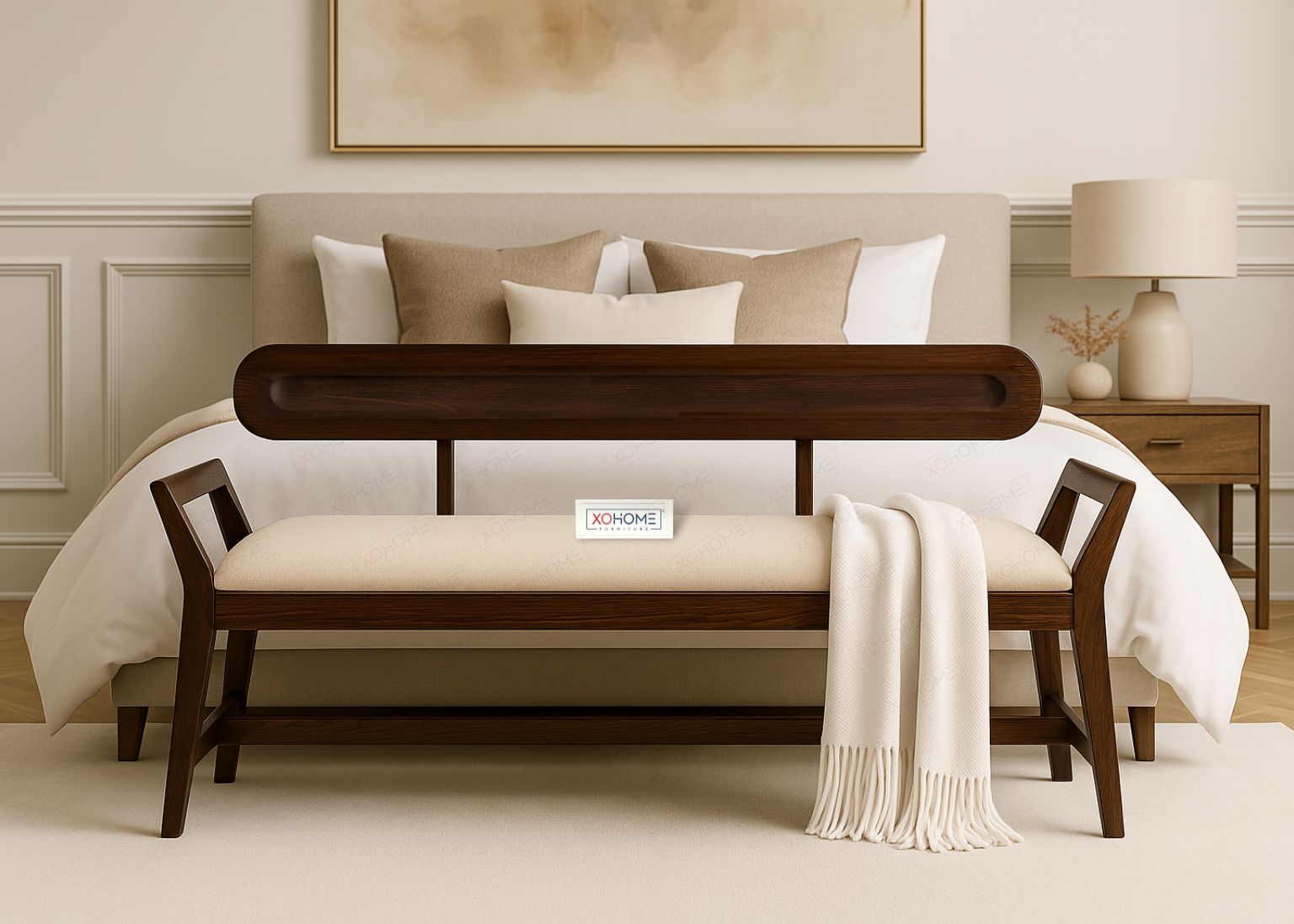 XOHOME Shaal solidwood bench with backrest in premium walnut finish, versatile seating for living room, bedroom, lobby or waiting area.