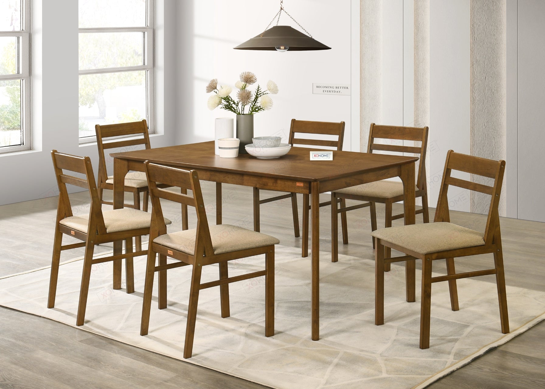 XOHOME Starter Luxe 6 Seater Dining Set crafted in 100% pure solidwood with solidwood table top, elegant finish and durable chairs.