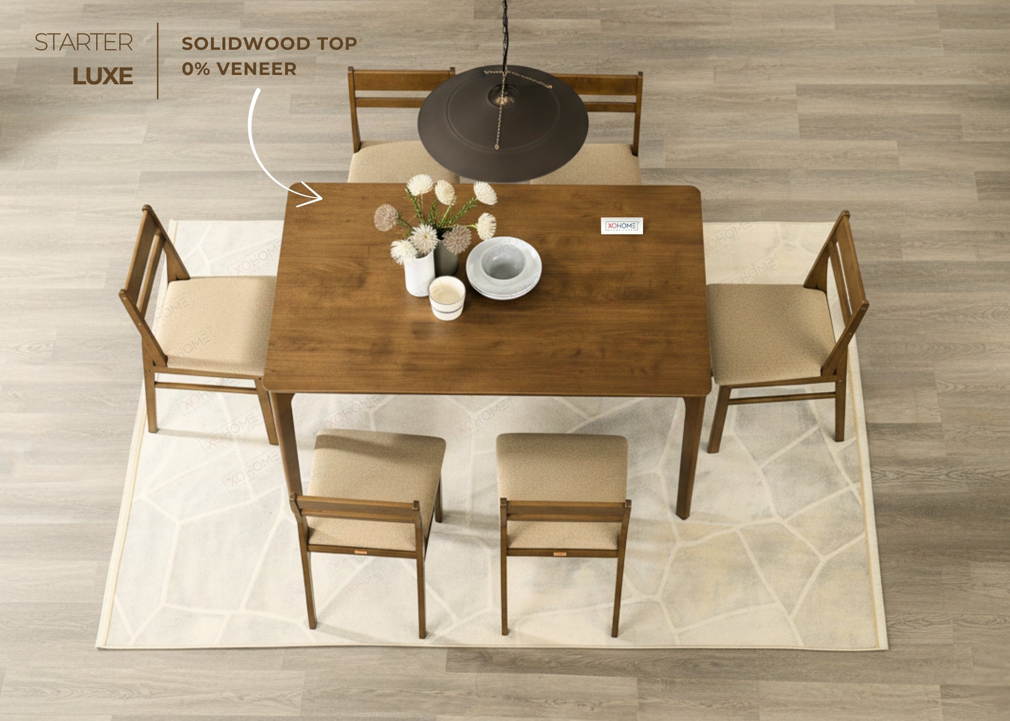 Premium solidwood dining table and chairs – XOHOME Starter Luxe collection, timeless 6 seater dining set with visible natural wood grains.