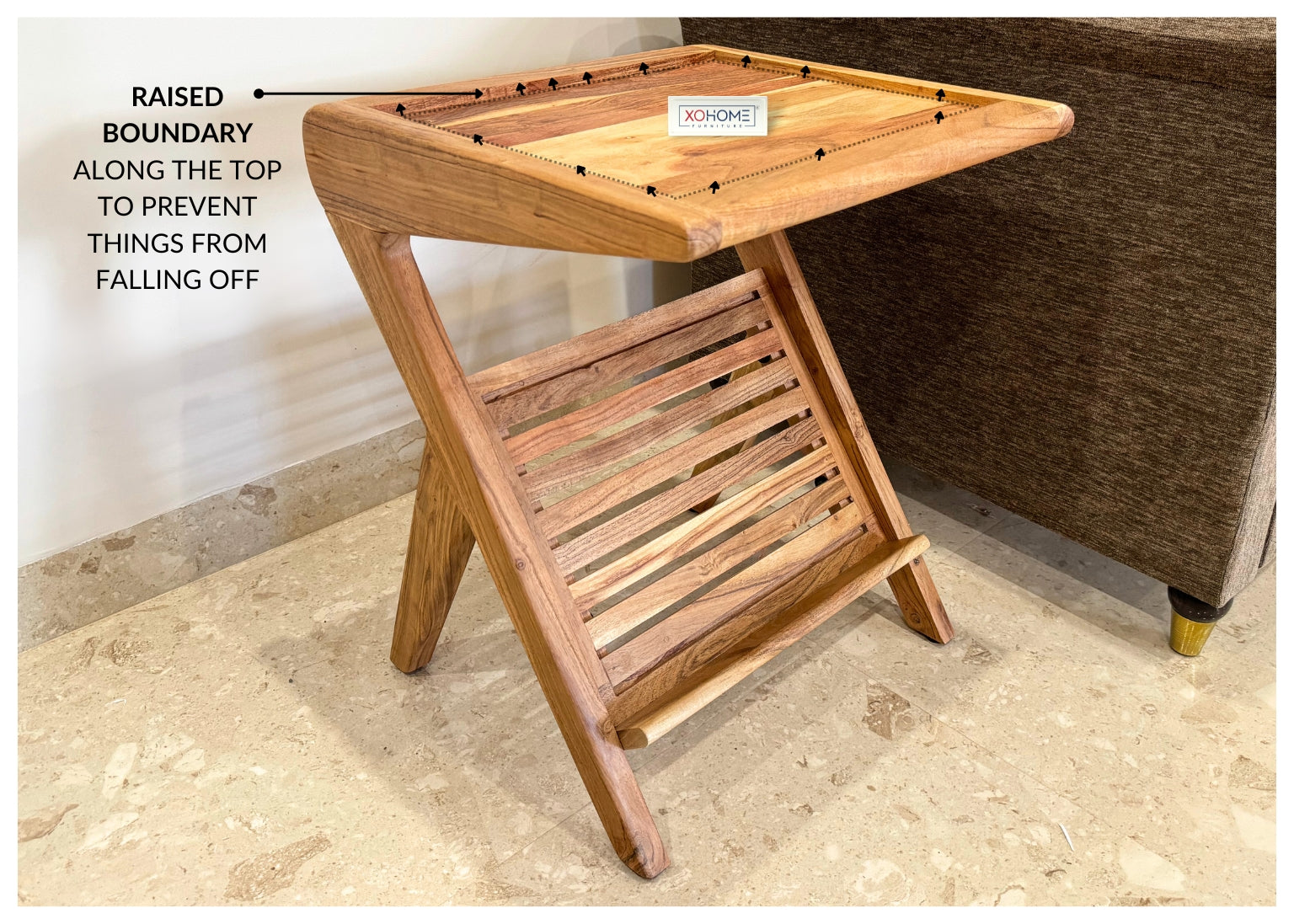 Solid wood Yoga End Table by XOHOME – stylish, durable, and space-saving. Features a raised-edge tabletop, storage for magazines & newspapers, and a modern, elegant design. Perfect for living rooms, bedrooms, and cozy corners. Premium craftsmanship, compact & sturdy build. Buy the best end table online!