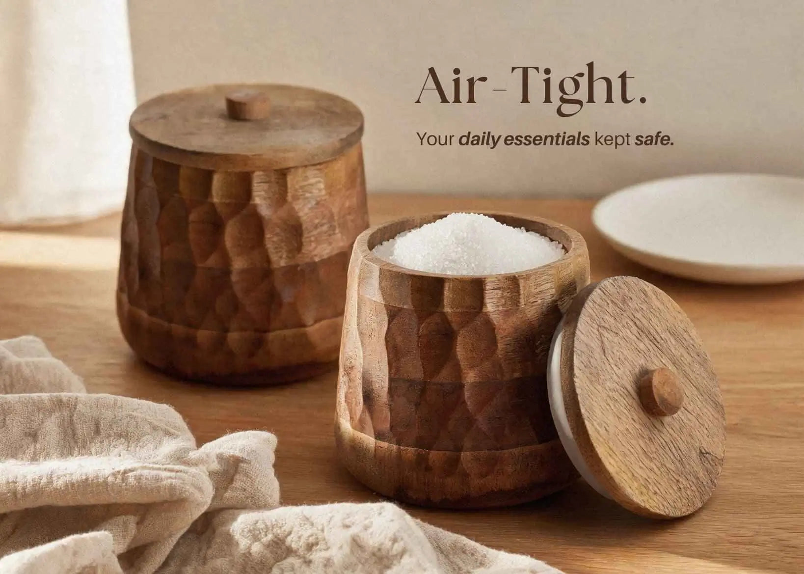 XOHOME BArfi wooden Jar set of 2 that can store sugar, salt and more and is air-tight. 