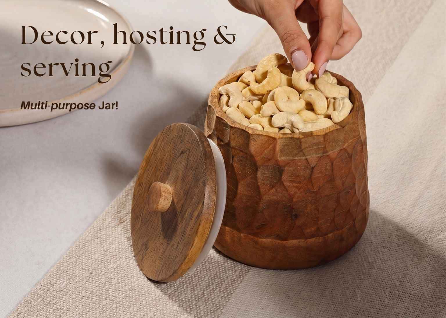XOHOME wooden storage jar with large capacity holding dry fruits, compact yet spacious handcrafted jar for everyday kitchen and serving use