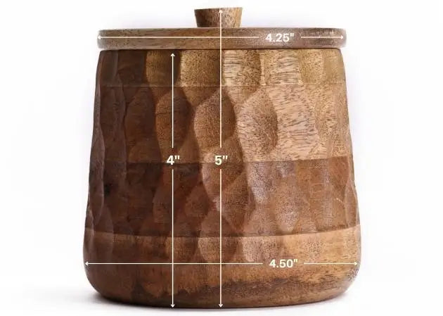 XOHOME wooden storage jar dimensions in inches showing compact size and capacity, ideal for storing dry fruits, snacks and kitchen essentials