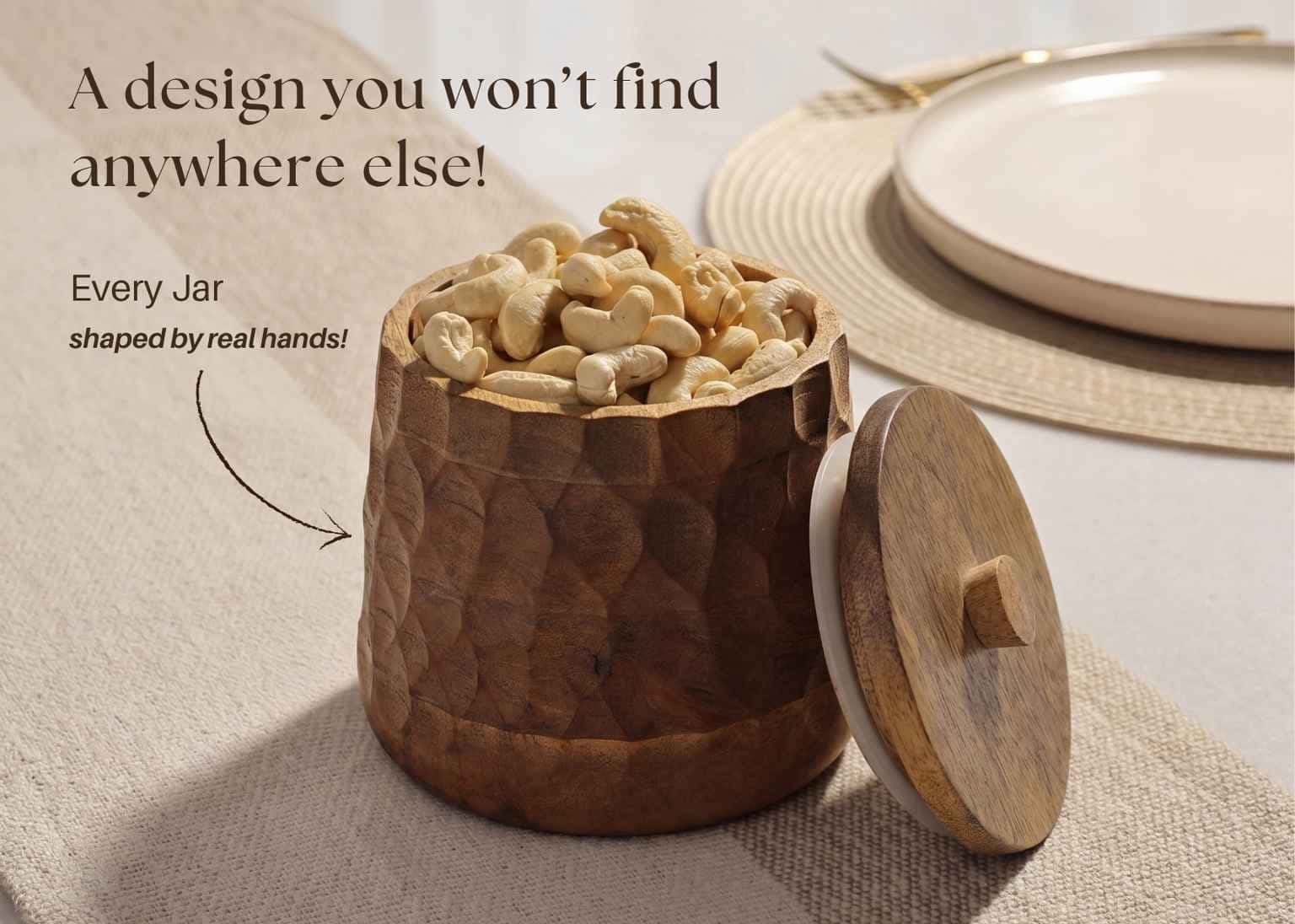 XOHOME hand carved wooden storage jar filled with dry fruits, showcasing artisanal craftsmanship and premium solid wood finish for kitchen and serving use